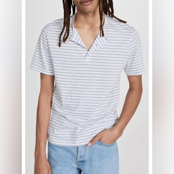 Vince NEP Stripe Henley Tee in Chalk Blue/Off White - Picture 2 of 7